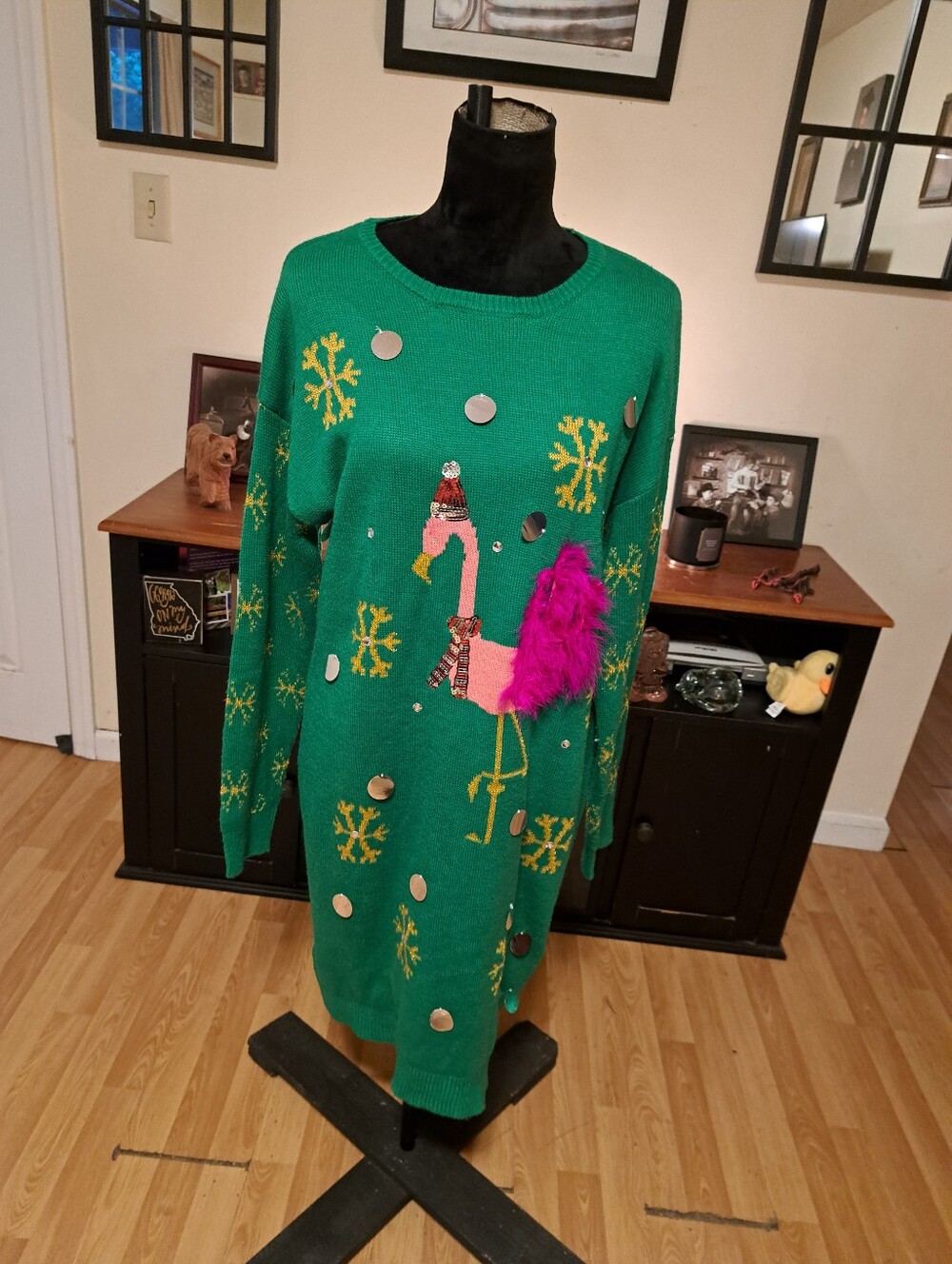 Tis The Season Green Flamingo Ugly Christmas Sweater Dress Knit Metallic Large